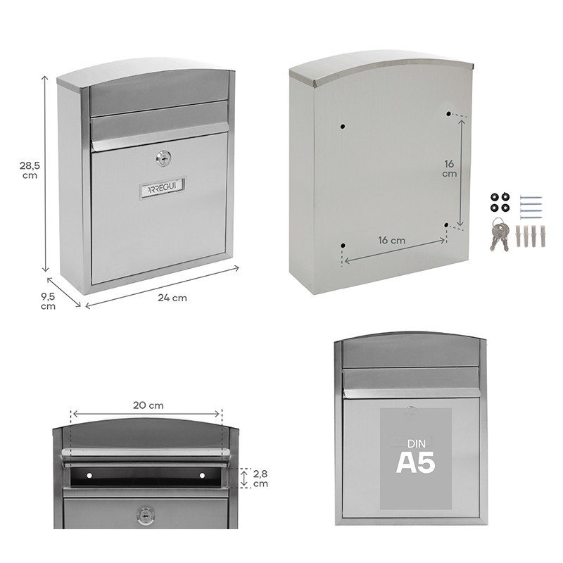 Compact Stainless Steel Outdoor Mailbox Size DIN A5 | ARREGUI